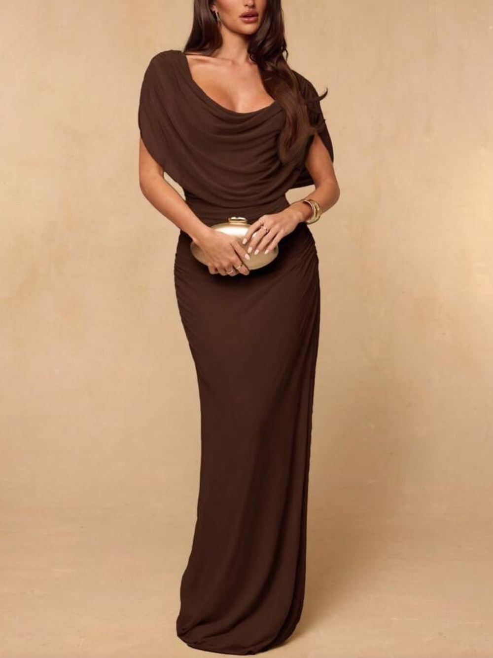 Elegant Coffee Brown Draped Evening Dress